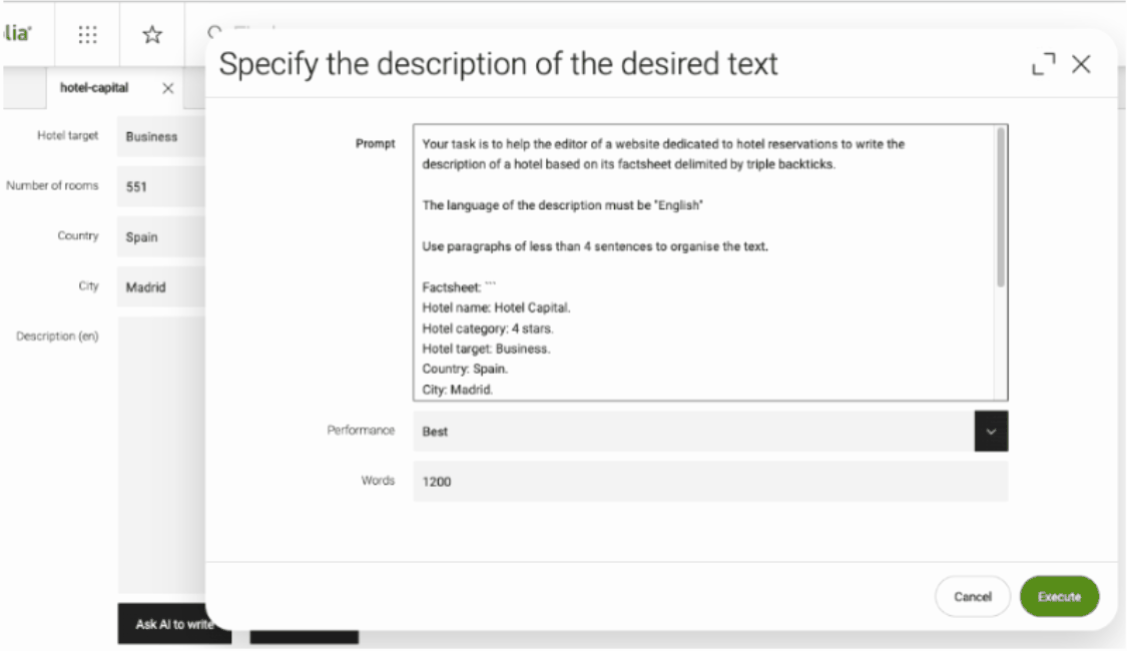  GIF dell’interfaccia Magnolia DXP che mostra la generazione automatica di una descrizione testuale per hotel tramite prompt AI strutturato. 