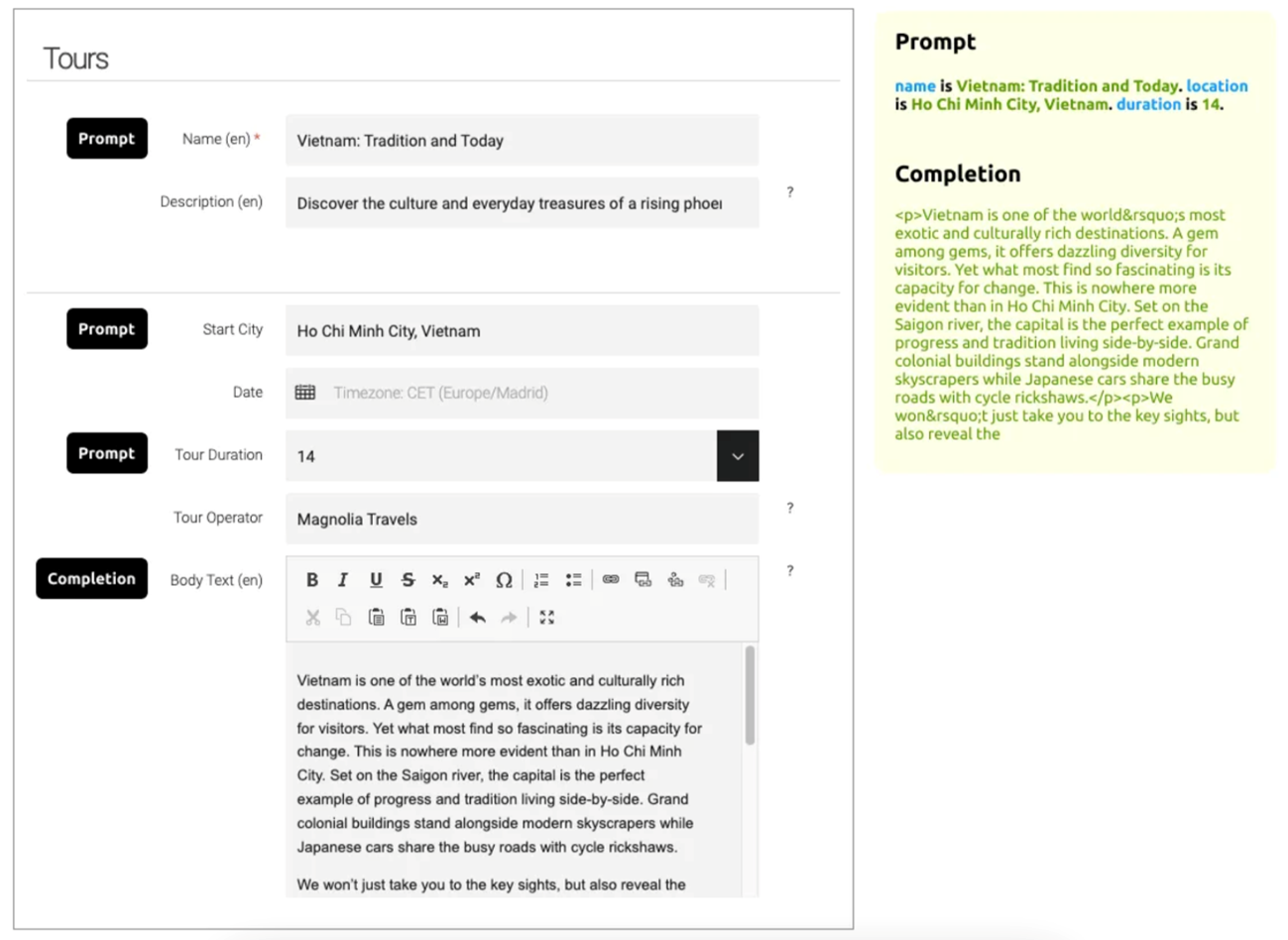 Interfaccia Magnolia DXP che mostra l’uso di un prompt AI per generare automaticamente testi descrittivi completi per una pagina di tour.