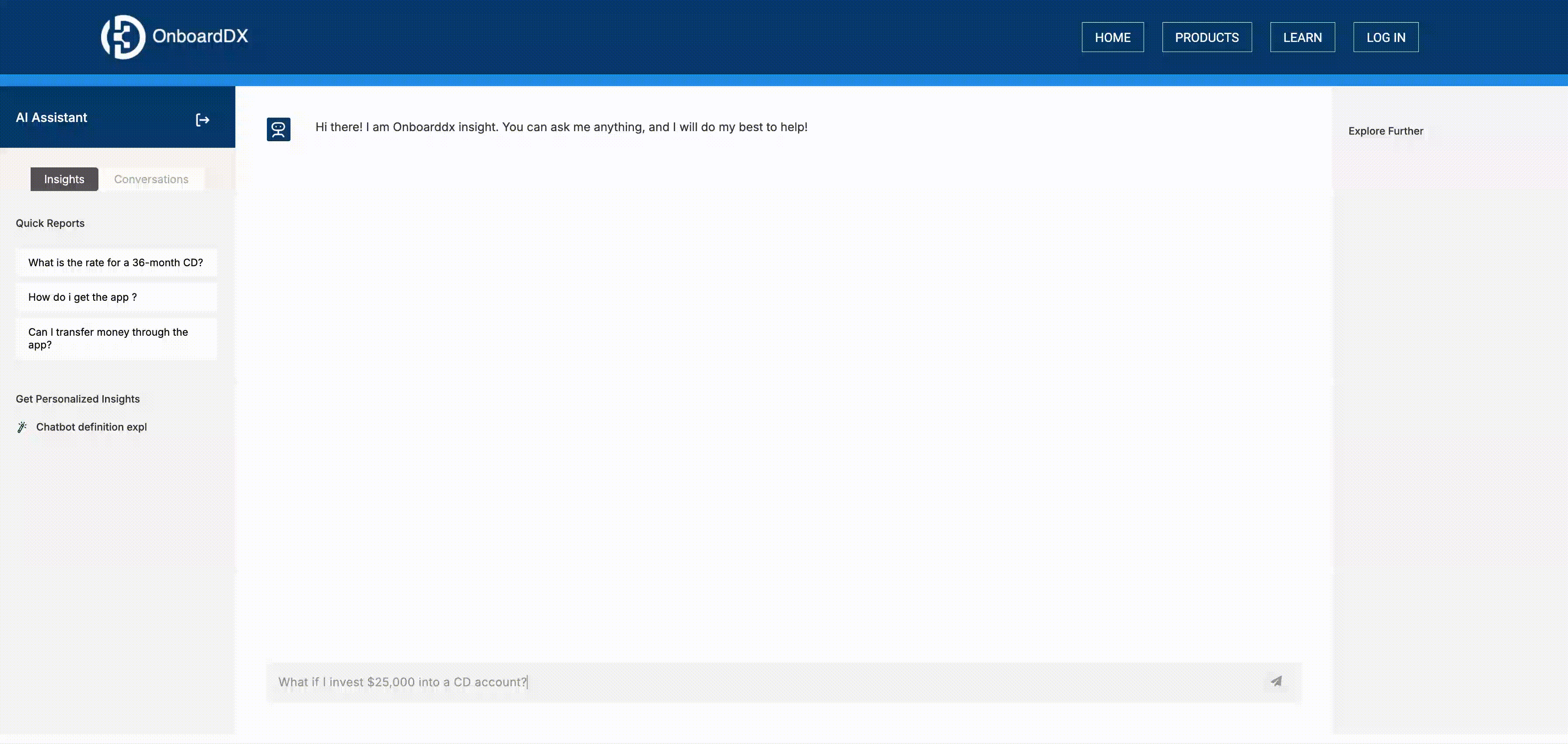 GIF della piattaforma OnboardDX con un assistente AI conversazionale che risponde a domande degli utenti in tempo reale.