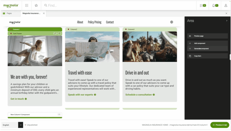 GIF dell’interfaccia Magnolia DXP in azione: creazione e modifica visuale di pagine web con componenti intelligenti, ideale per team editoriali agili.