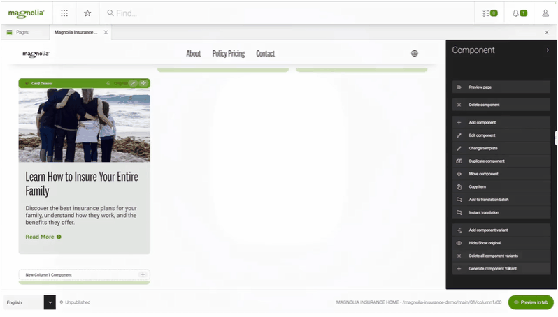 GIF che mostra l’uso dell’intelligenza artificiale in Magnolia DXP per generare automaticamente varianti di un componente di pagina.
