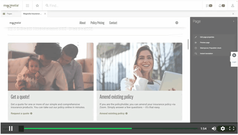GIF dell’interfaccia Magnolia DXP che mostra la traduzione istantanea dei contenuti di pagina grazie all’integrazione con servizi di AI.