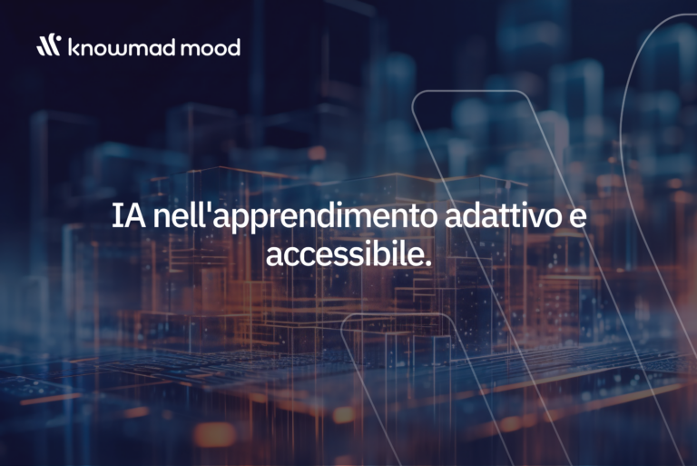 Schermata con grafiche digitali astratte e il testo “IA nell’apprendimento adattivo e accessibile” di knowmad mood.