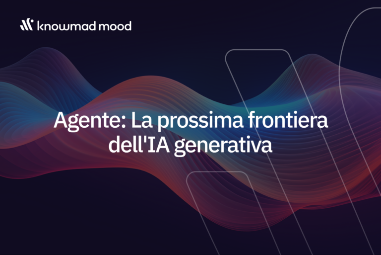 Copertina di knowmad mood con onde colorate e il titolo in italiano ‘Agente: La prossima frontiera dell'IA generativa’ su sfondo scuro