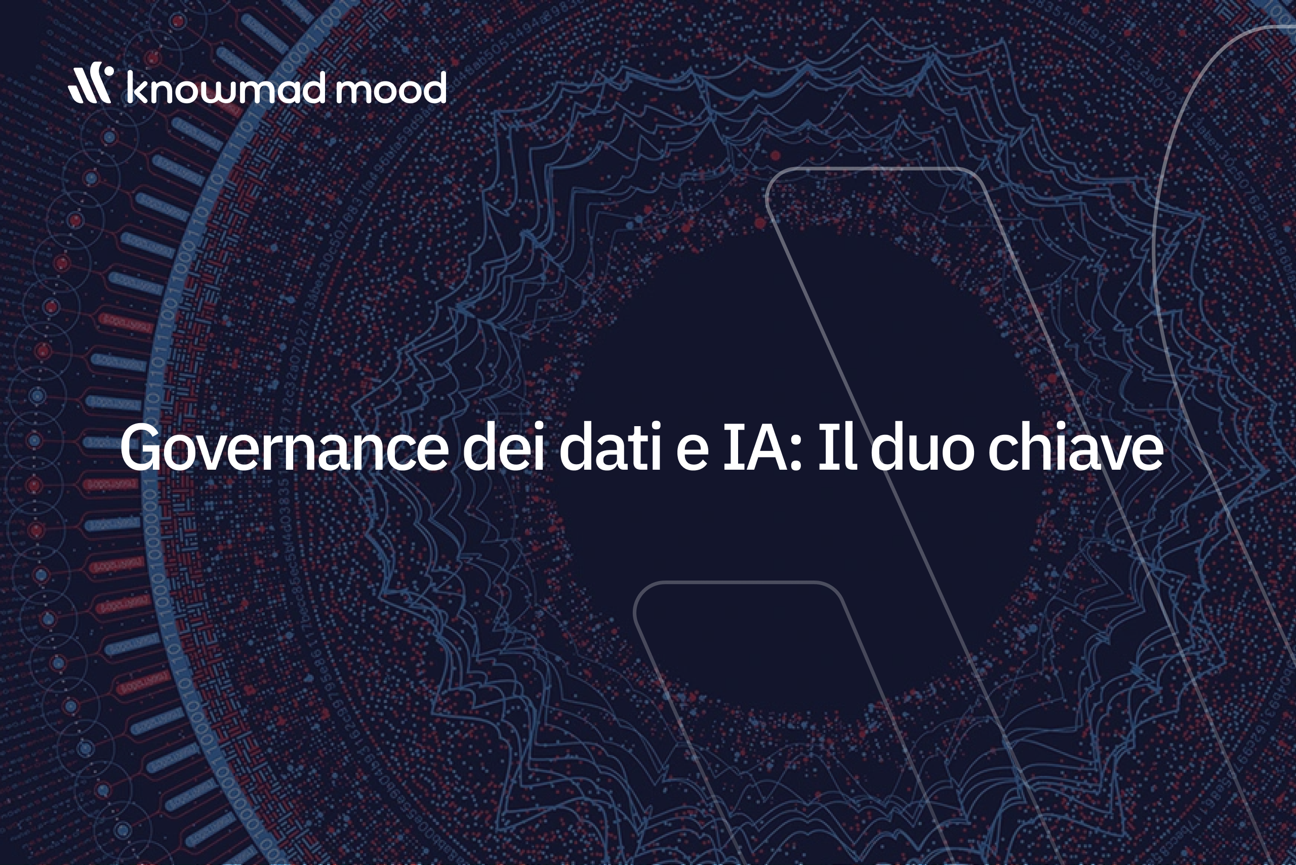 Composizione astratta che simboleggia Data Governance e IA nel 2025, con reti luminose e forme geometriche che evocano qualità, sicurezza e innovazione