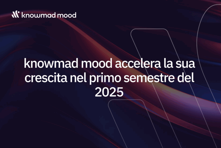 “knowmad mood accelera la sua crescita nel primo semestre del 2025” sobre diseño dinámico en tonos azul, violeta y magenta.