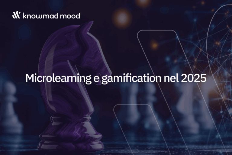 Cavallo degli scacchi viola su una scacchiera con sfondo tecnologico e connessioni digitali, simbolo di strategia e innovazione nella formazione aziendale.