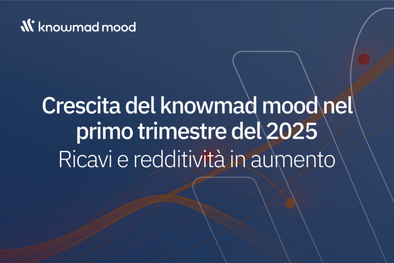 Visual corporate di knowmad mood con il messaggio "Crescita nel primo trimestre 2025 – Ricavi e redditività in aumento" su sfondo blu con elementi grafici astratti.
