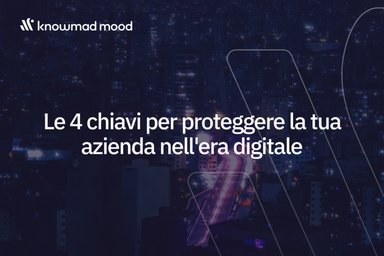 Skyline urbano notturno con luci digitali e il titolo “Le 4 chiavi per proteggere la tua azienda nell’era digitale” di knowmad mood.